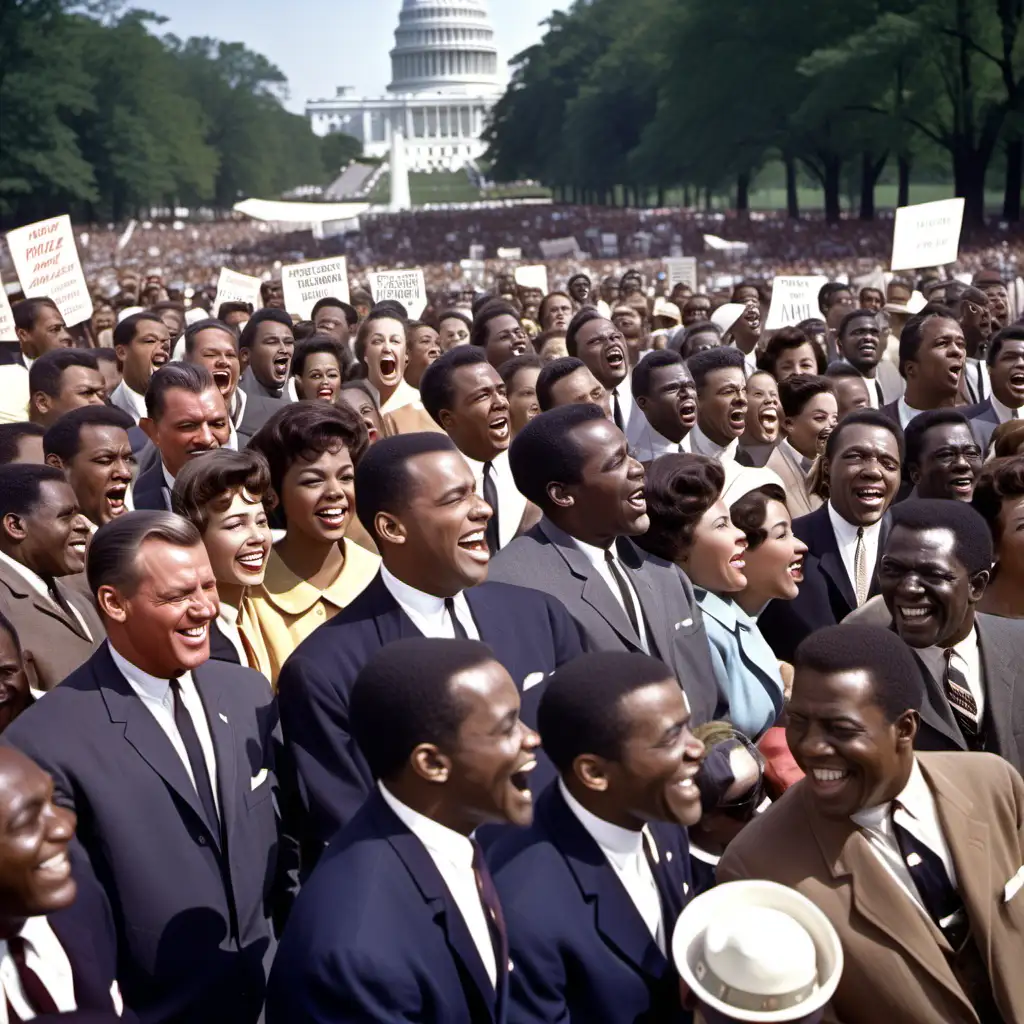 African American people, some of them smiling, others in the middle of passionate speeches. large crowd gathered in a place called Washington for 1963 March on Washington in color

