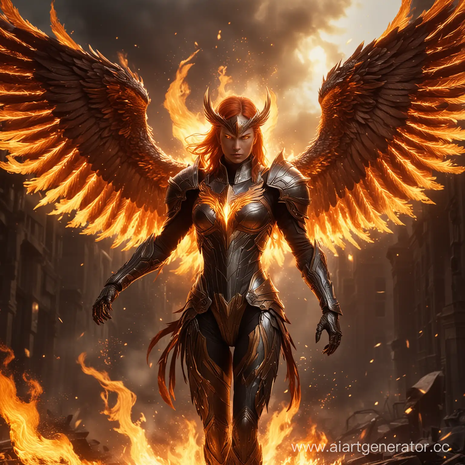 Phoenix Fury: Reborn from fire, wearing armor that glows with the intensity of flames, capable of rising from the ashes with renewed strength. Make it cinematic 