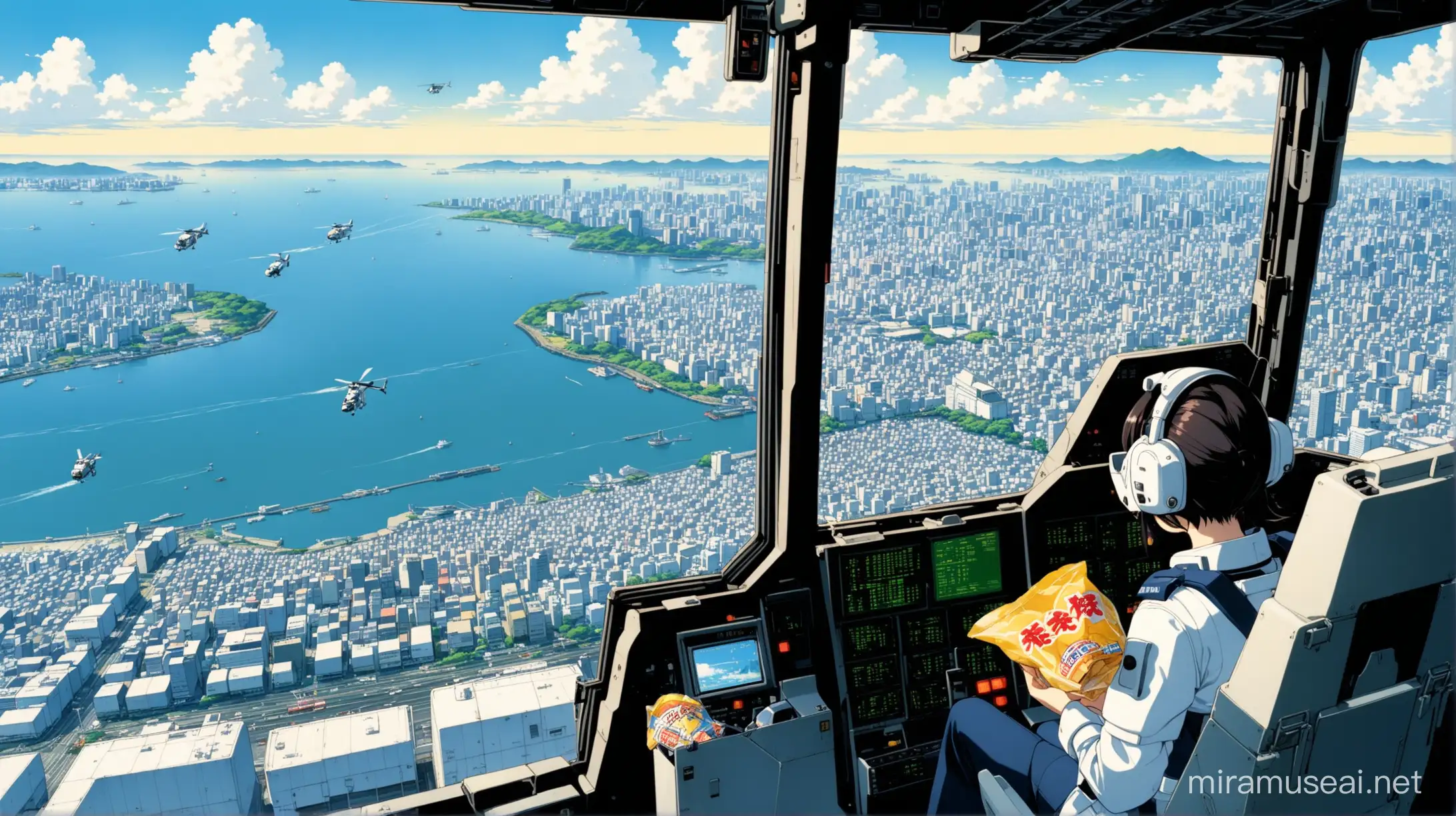 patlabor, noa izumi, inside helecopter, tokyo bay below, holding bag of chips