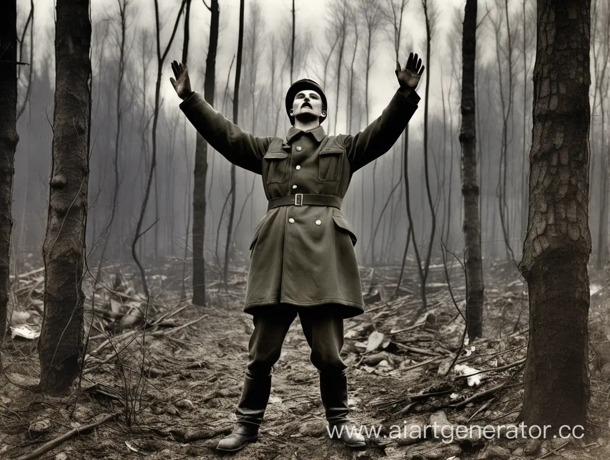 A Soviet guy stands with his hands up during World War II, alone in the forest
