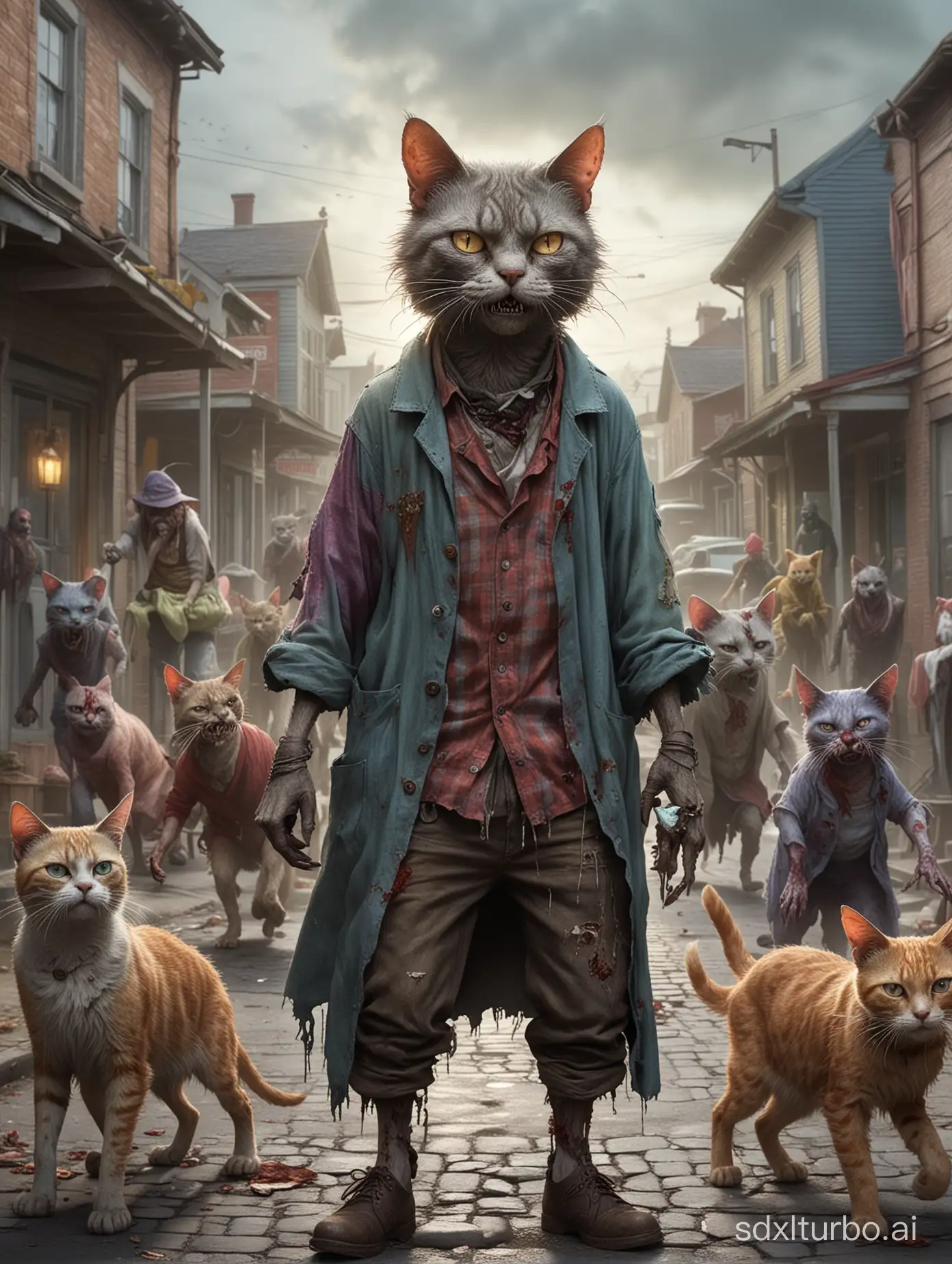 Draw a realistic and colorful picture of antrophormofic cat zombies dressed in rags and atracking attacking healthy antropormophic cats in the streets of small town