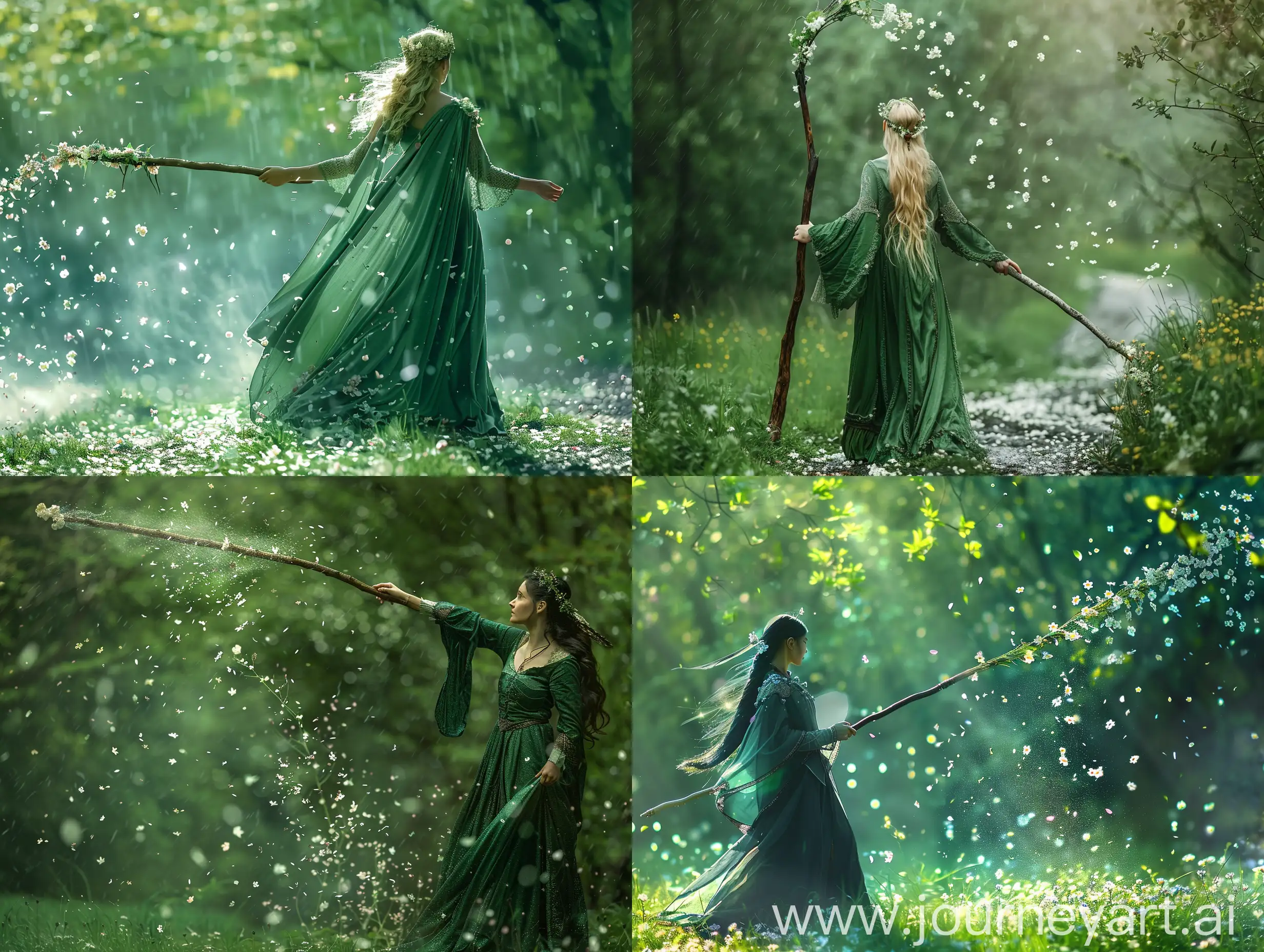 https://s8.uupload.ir/files/amu_nowruz_pnzs.jpg
Recreate this image in a spring, green and fantasy atmosphere while holding a long magical staff and raining flowers on the ground with it.