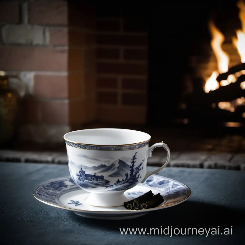 a porcelain cup of tea by the fireplace