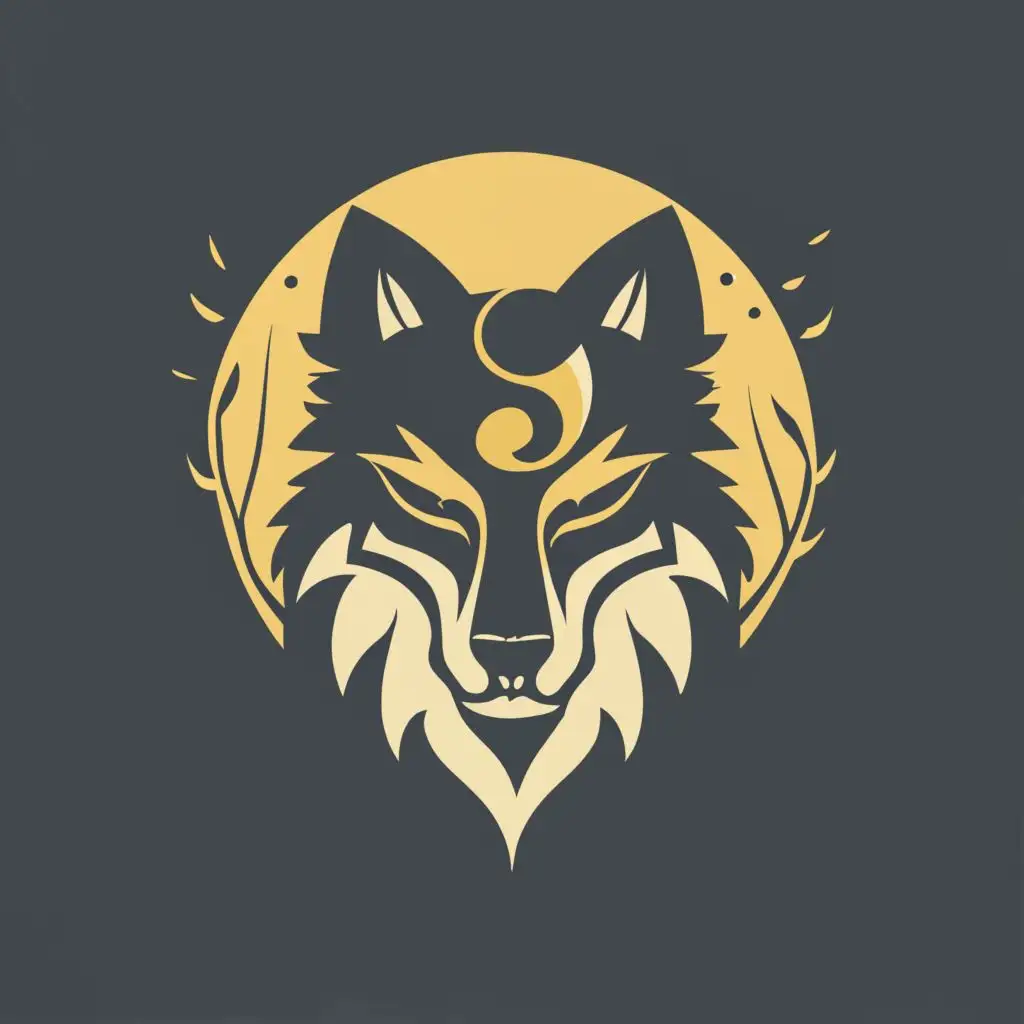 logo, japanese wolf mask , golden moon , black and white ,Esport, with the text "Wulfverse", typography