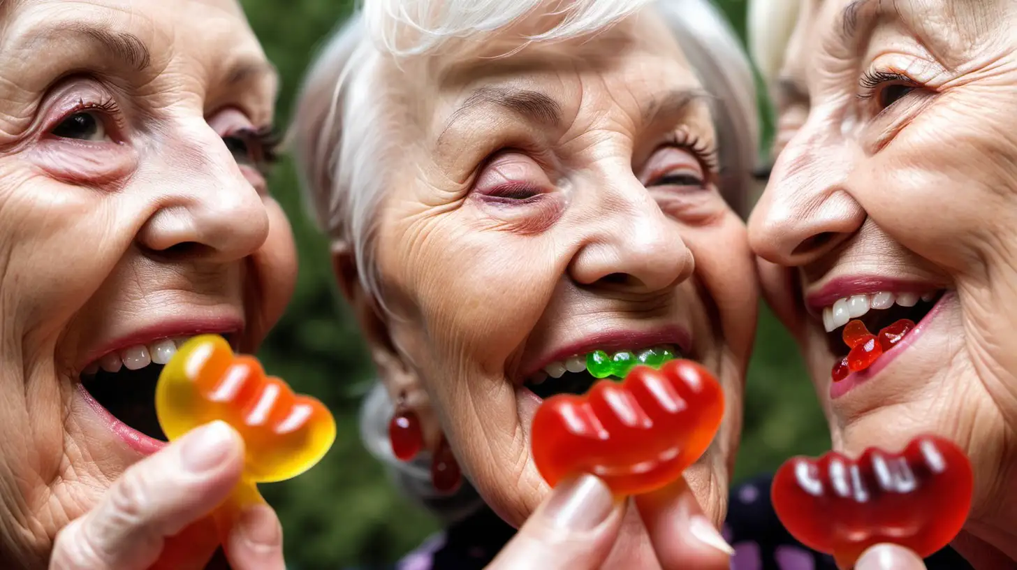 older women eating gummy candies close up
