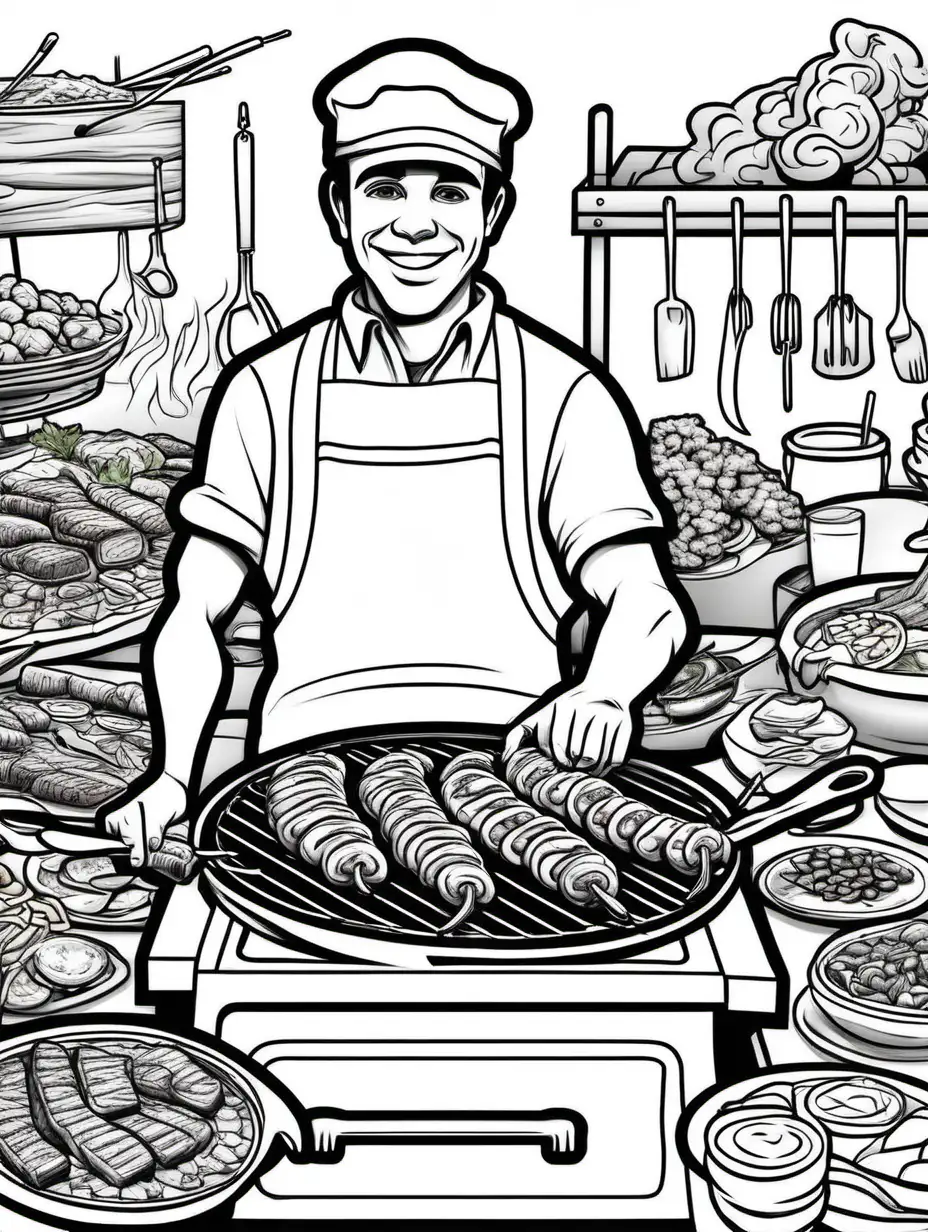 Create a black and white coloring page, black outlines, no color, no shading and no grayscale of a brazilian churrasco griller with various meats



