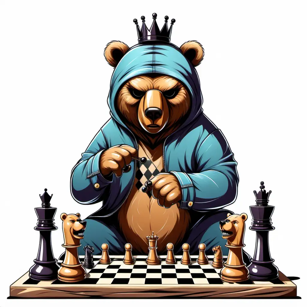 A bear playing chess with a mask, cartoon style, white background