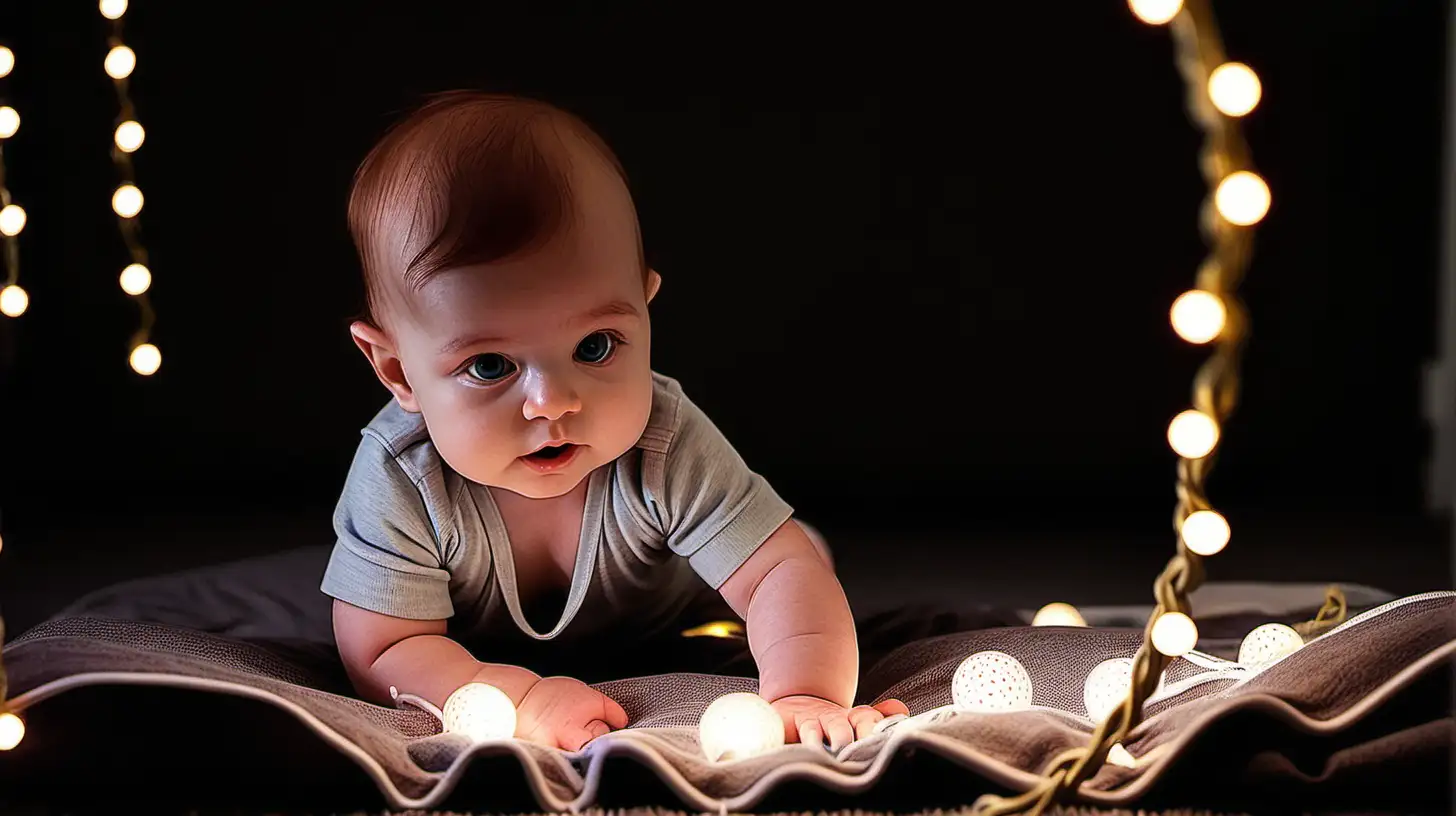 close up of a clothed baby looking at lights and sensory toys in dark room  with fairy lights
