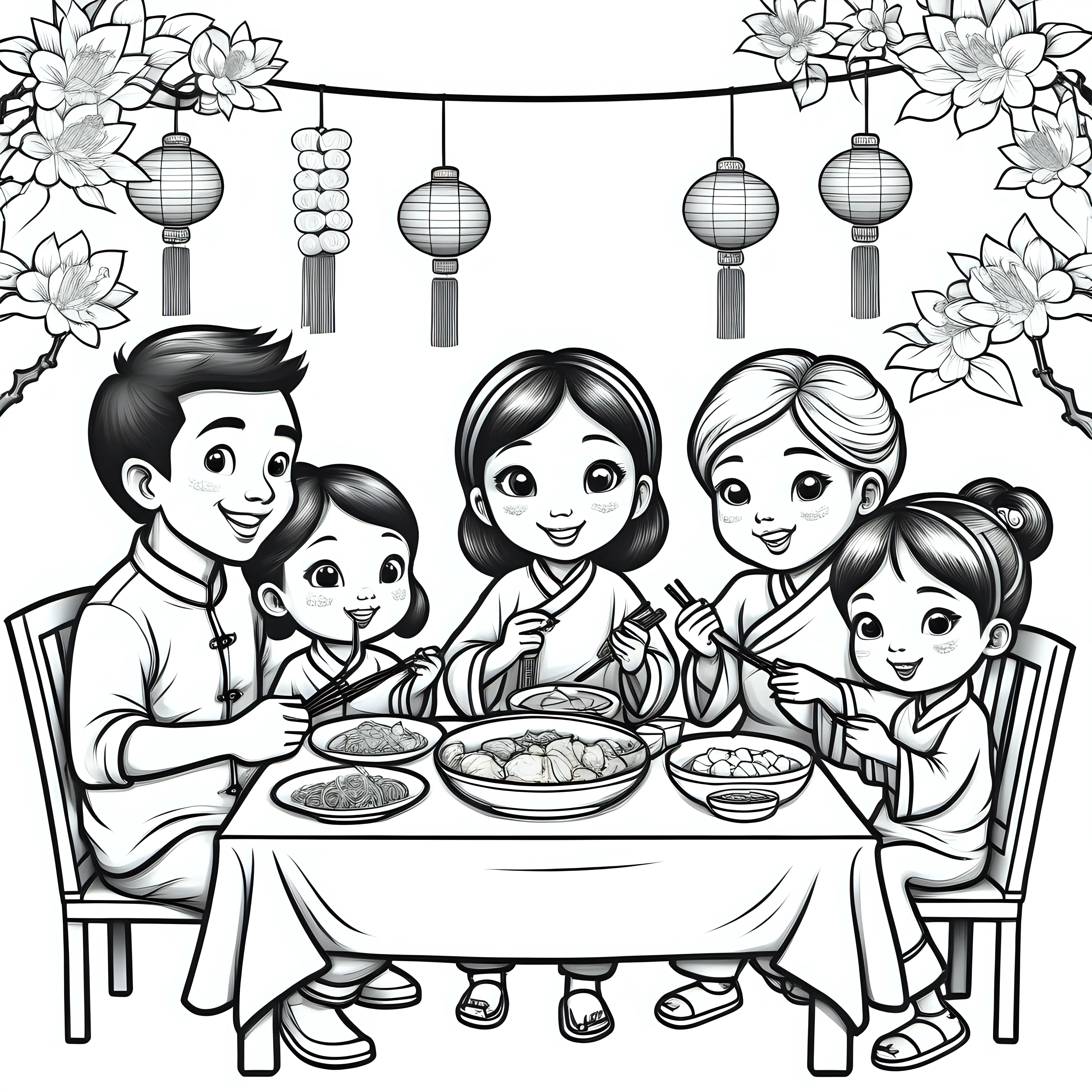kids colouring book page, family eating Chinese dinner, lunar new year,  cartoon style, no shading, outline only
  
