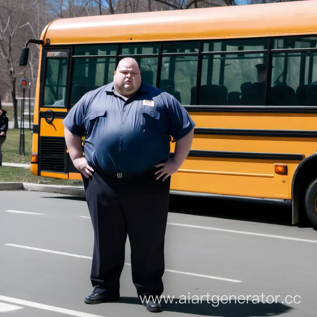 The overweight bus driver stands in the foreground