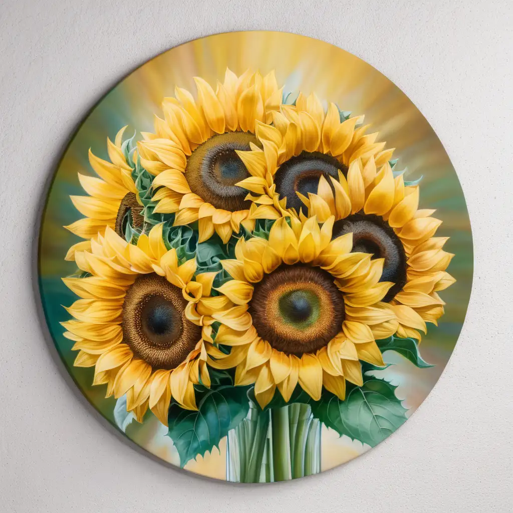 Symmetrical Sunflower Bouquet on 12 Inch Round Canvas