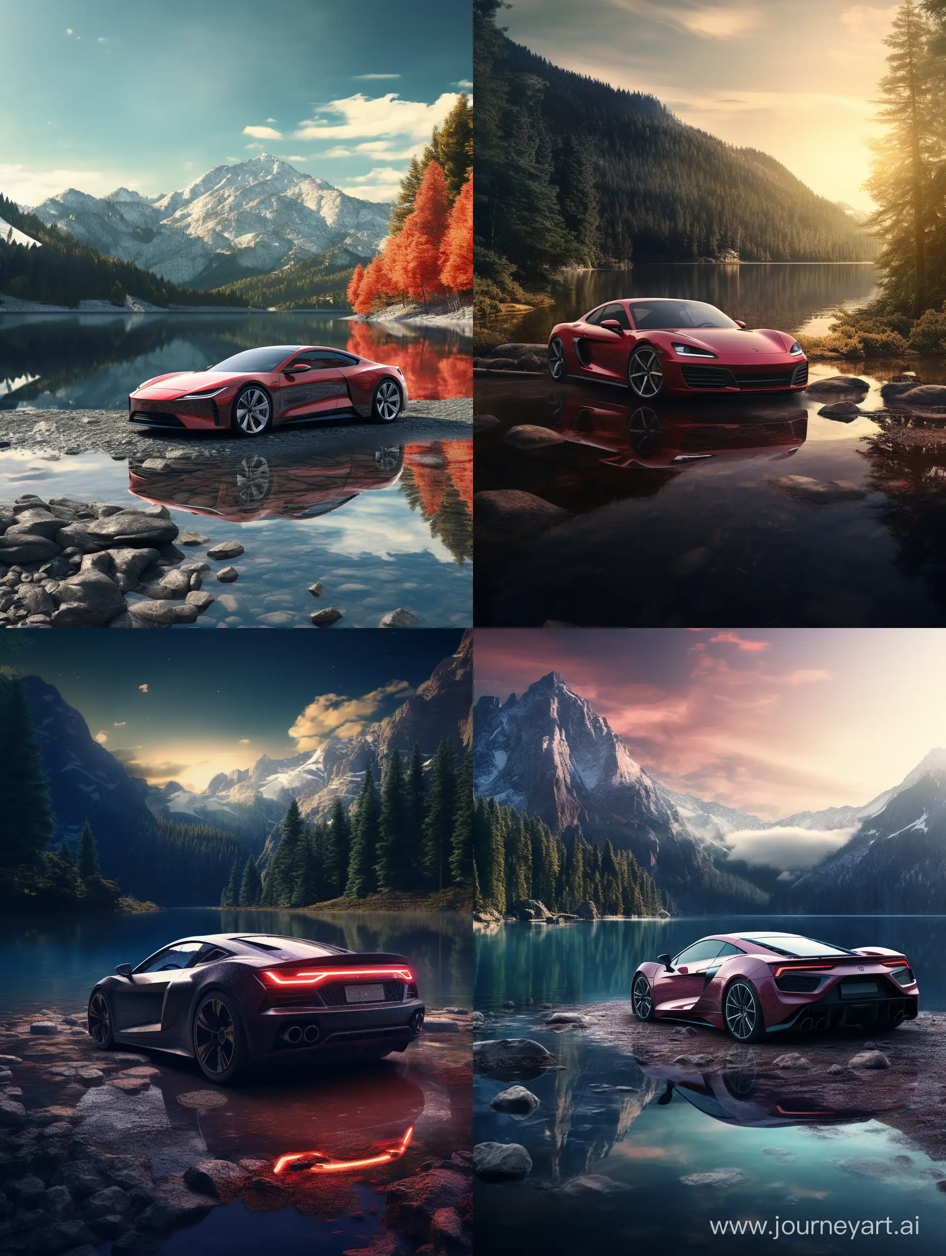 A cinematic sports car, standing near lakes. 8k, midjourney
