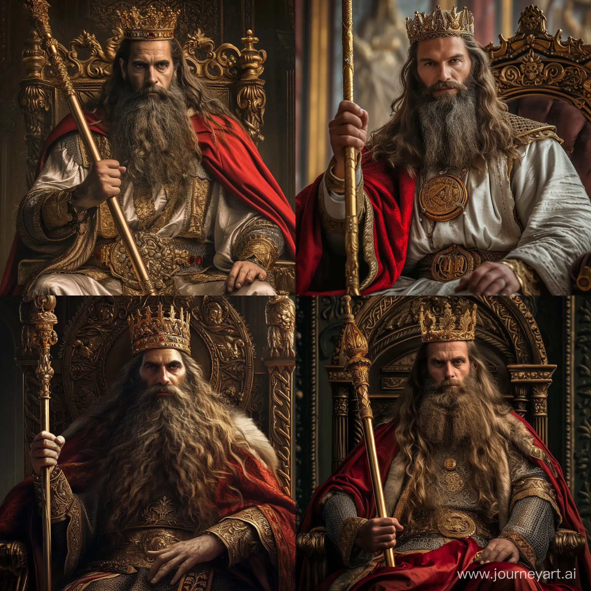Clovis I King of Franks. He has long beard and hair. He is sitting on throne. Wearing luxury robe, golden king crown and red cloak. He has a long golden staff on his hand. In palace. Realistic image.