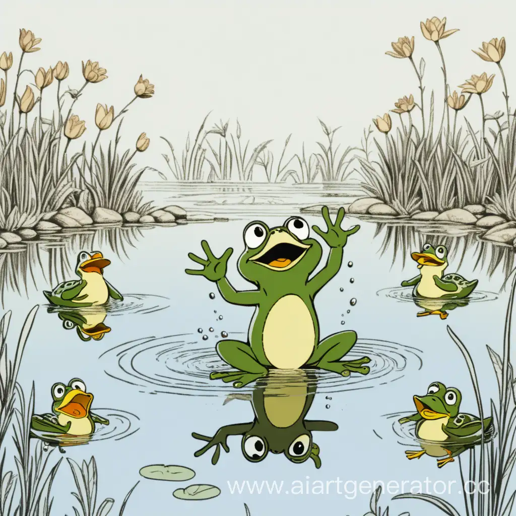 Frog-Animatedly-Shouting-at-Departing-Ducks-by-the-Pond