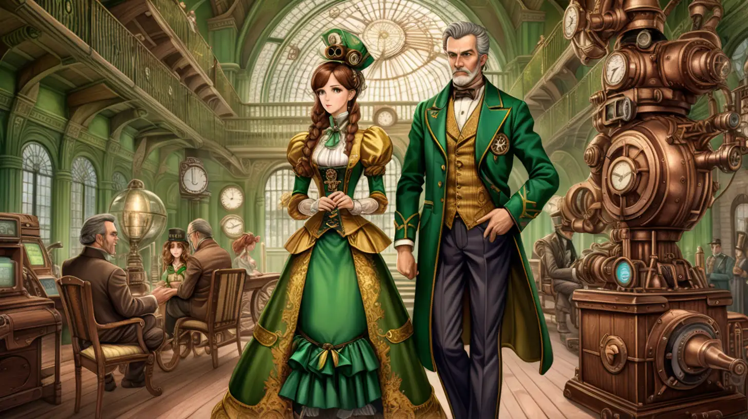 Dystopian Victorian Steampunk Couple in Green and Gold Attire