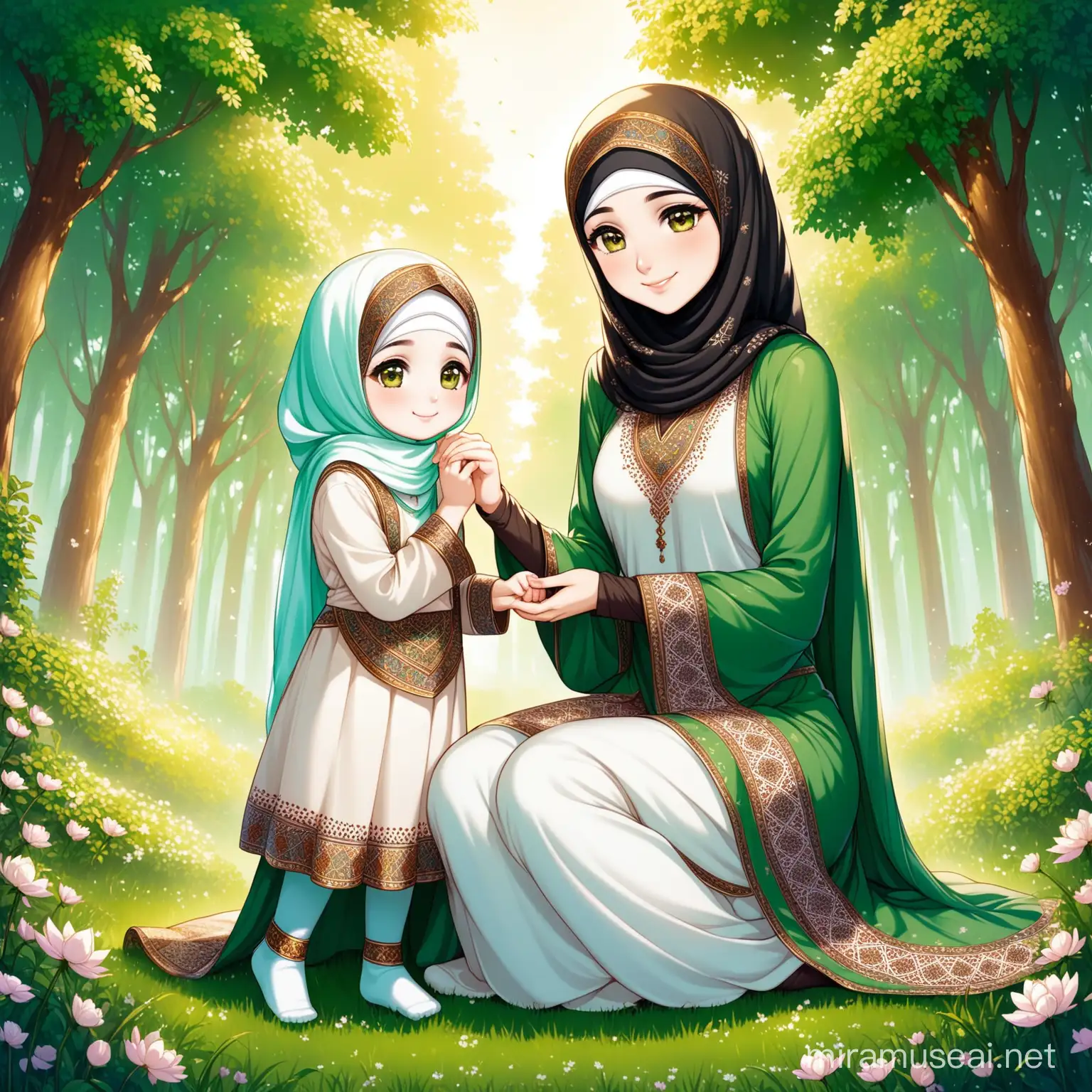 Character Persian girl(full height, Muslim, with emphasis no hair out of veil(Hijab), smaller eyes, bigger nose, white skin, cute, smiling, wearing socks, clothes full of Persian designs) named Fatemeh. Fatemeh is sitting kissing the hand of her mother politely, smooth clothes.

Atmosphere forest, grass flowers, etc...