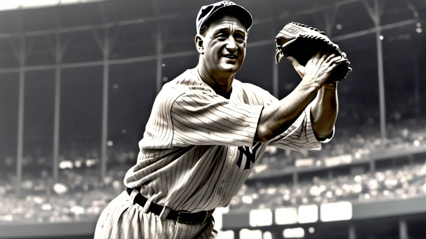 Lou Gehrig in Action Dynamic Baseball Catch in New York Yankees Jersey