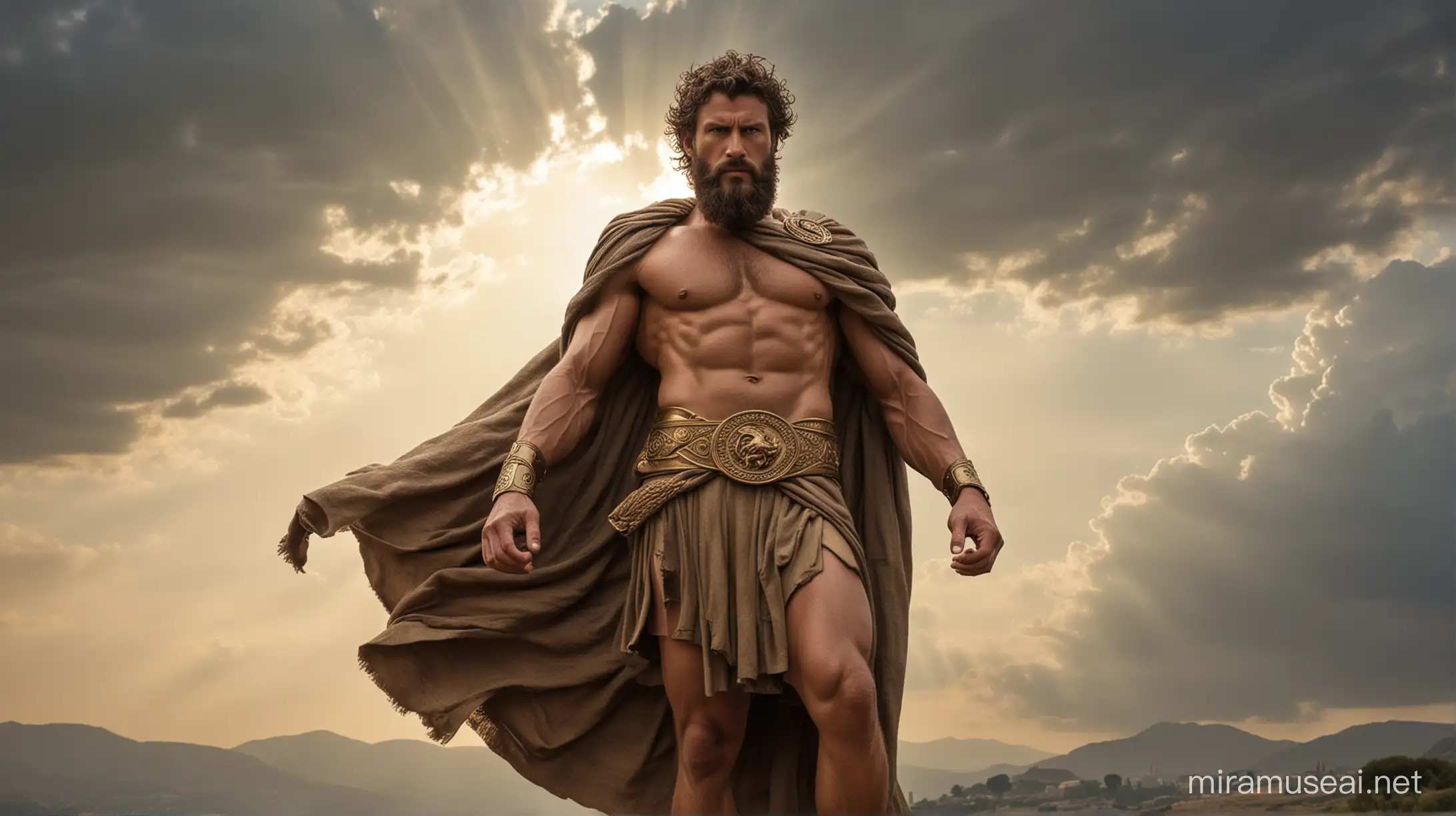 Imagine a figure reminiscent of the legendary Hercules or the stoic philosopher-emperor Marcus Aurelius, standing amidst the sun-kissed landscapes of ancient Greece. His physique, reminiscent of the gods themselves, is a testament to years of rigorous training and unwavering discipline. Every muscle is sculpted, defined under his tanned skin, portraying strength, resilience, and a commitment to self-mastery. Clad in the attire befitting a hero or a sage, perhaps a lion-skin cloak draping his broad shoulders or the regal robes of a philosopher-king, he exudes an aura of authority and grace. His gaze, steady and unwavering, reflects the depths of his wisdom and the serenity born of inner tranquility. In his hand, he may hold the tools of his trade—a mighty club symbolizing his physical prowess, or a scroll embodying the wisdom he has cultivated through years of contemplation and study. Surrounding him, the whispers of the wind seem to carry echoes of ancient hymns, praising the virtues of discipline, courage, and intellectual strength that he personifies.