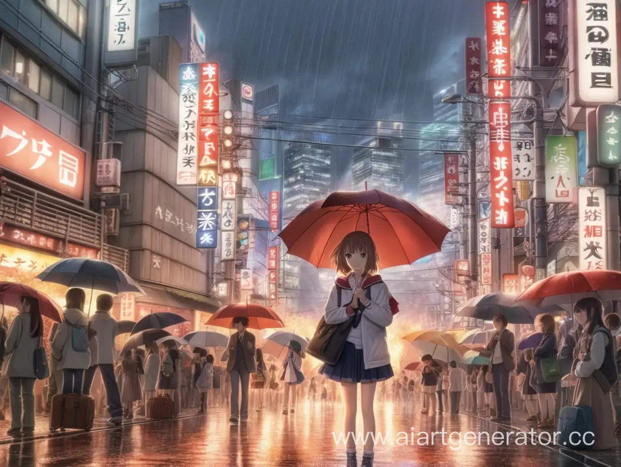 #Anime. There is a beautiful girl standing in the center of Tokyo. She's holding an umbrella. There are a lot of people around her. Everything is burning with beautiful lights. It's raining.