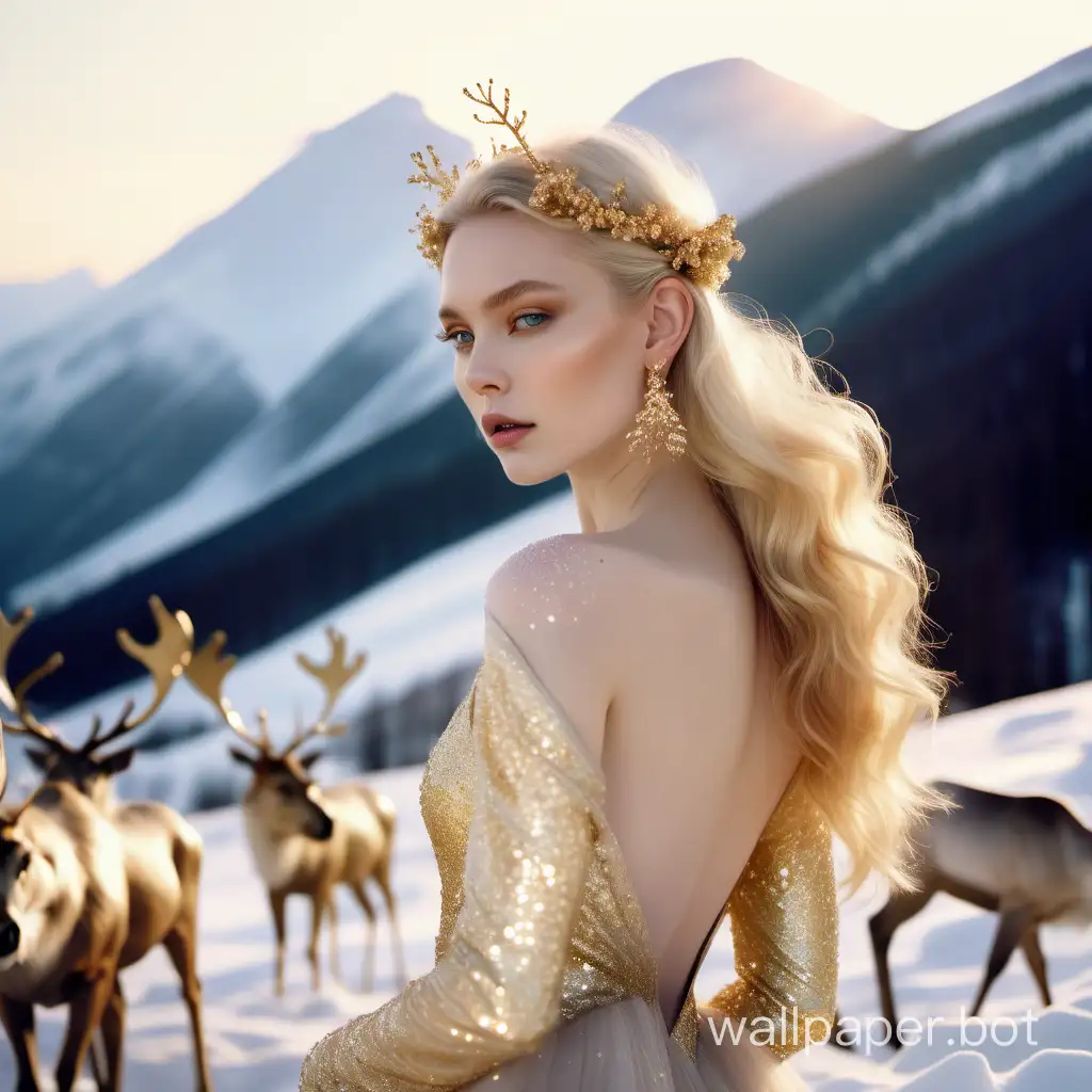 mid shot fashion photography, blonde model, pale dewy skin, iridescent golden glitter on face, small pale pastel flowers in hair, hair is gently blowing in breeze, golden earrings, haute couture flowing gown, background is snowy mountain side, standing beside reindeer, golden hour, 60mm, f/1.8, --stlye raw --s400