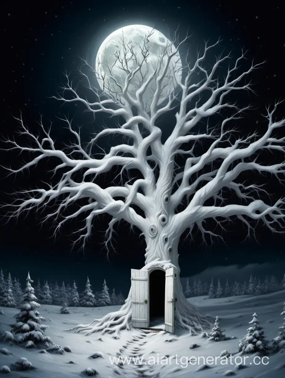 white tree, door in the trunk, night, forest, snow on the ground, full moon