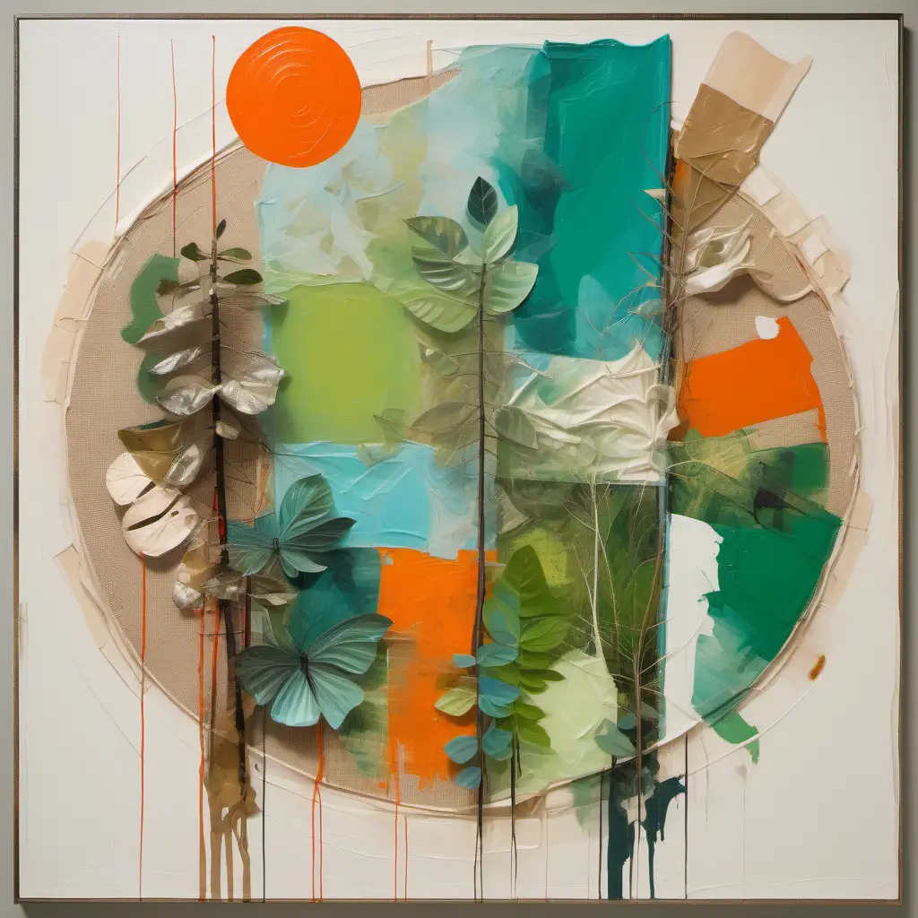 an abstract painting with an ecological theme in the style of Robert Rauschenberg