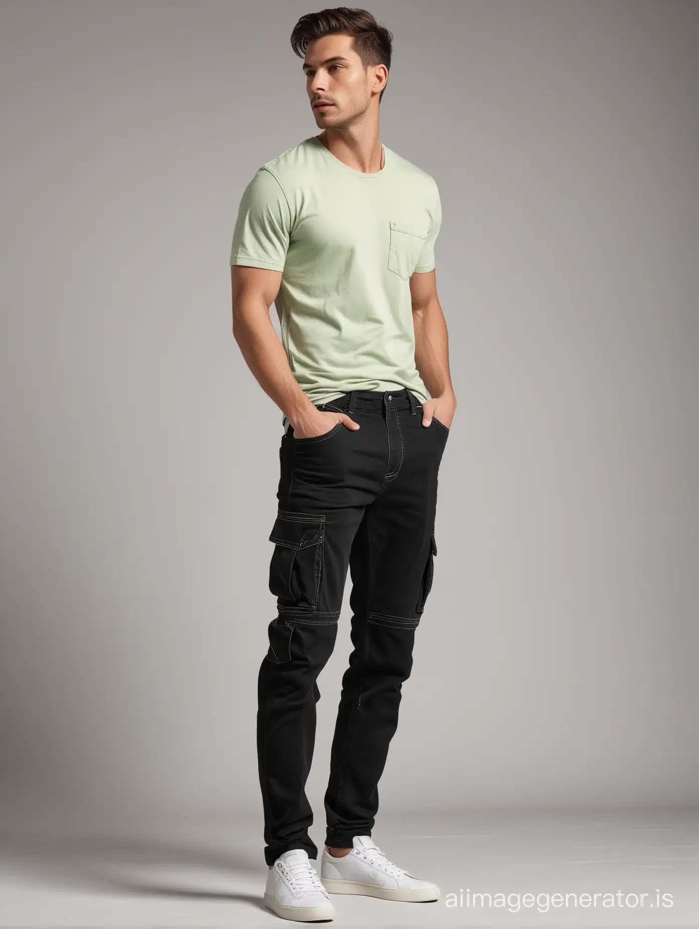 Create an image of a man wearing cargo denim Combined Light green & Mid night BLACK  color jeans with contrast stitching , extra utility  off white  BACK pocket and smooth fabric texture with  trouser look straight crease with Dutch angle look.