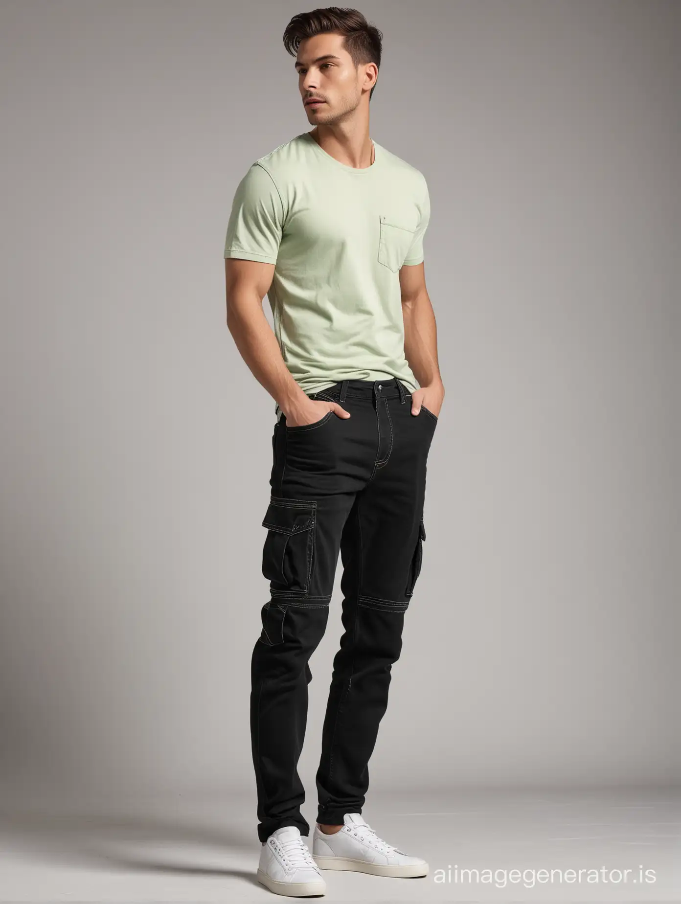 Create an image of a man wearing cargo denim Combined Light green & Mid night BLACK  color jeans with contrast stitching , extra utility  off white  BACK pocket and smooth fabric texture with  trouser look straight crease with Dutch angle look.



