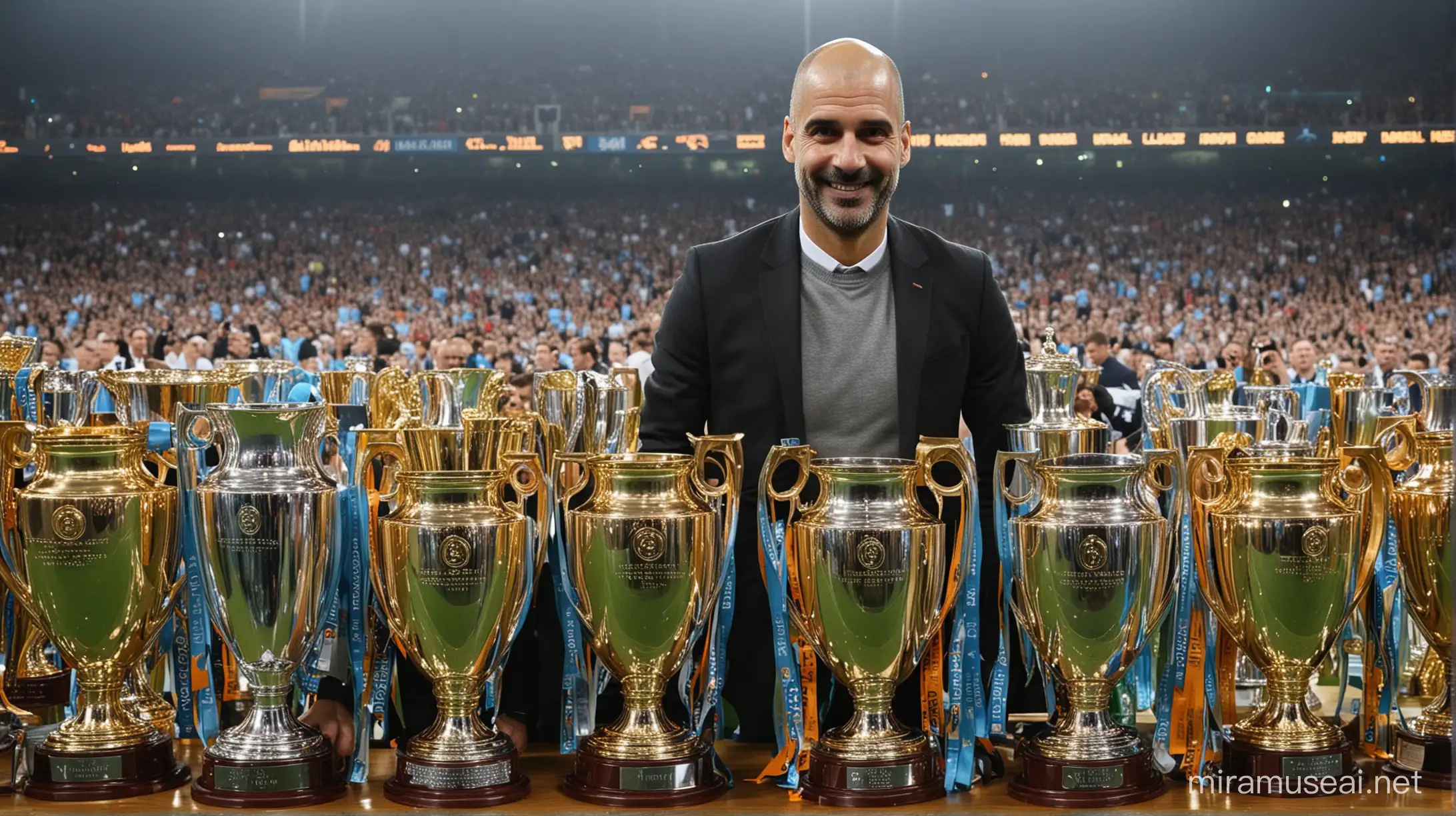 Pep Guardiola Surrounded by Trophies Celebrating Success in Football Management