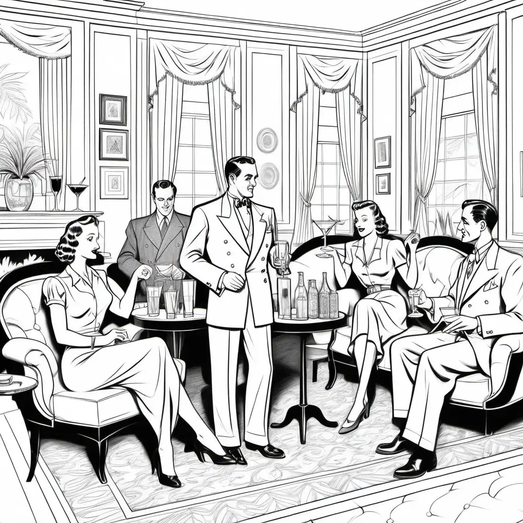 1940s Cocktail Party Coloring Book Page
