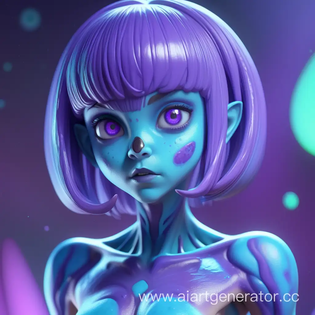 инопланетная девушка, 3D, короткие светлые волосы, узкие глаза, синие и фиолетовые цвета, слайм на фоне, очертания груди, фиолетовая кожа