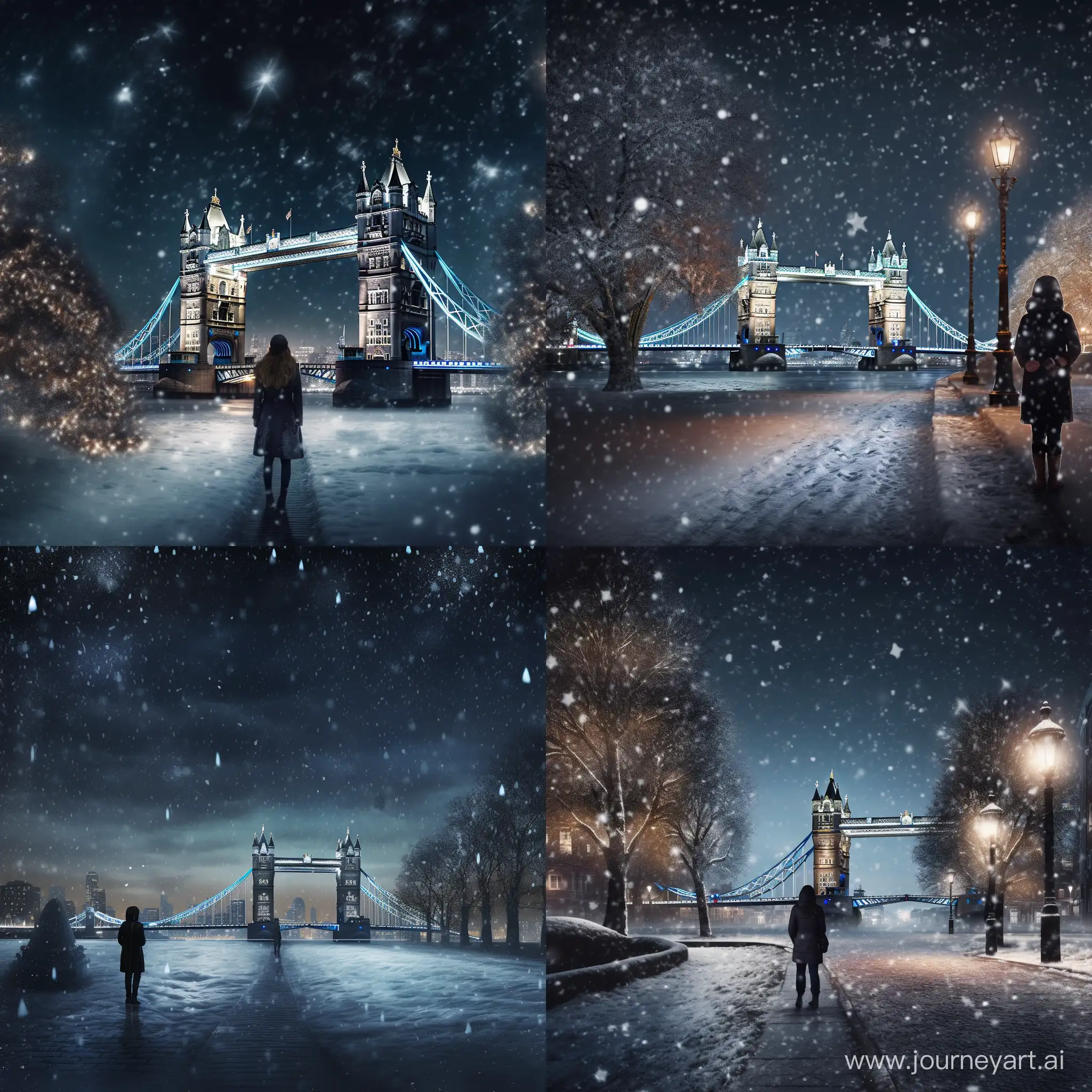 It's a snowy night in London. A woman with long brown hair is standing near Tower Bridge, wearing black sportswear. She stands alone with her hood up, and there are no other people around. In the distance, the illuminated Tower Bridge adds to the serene atmosphere.