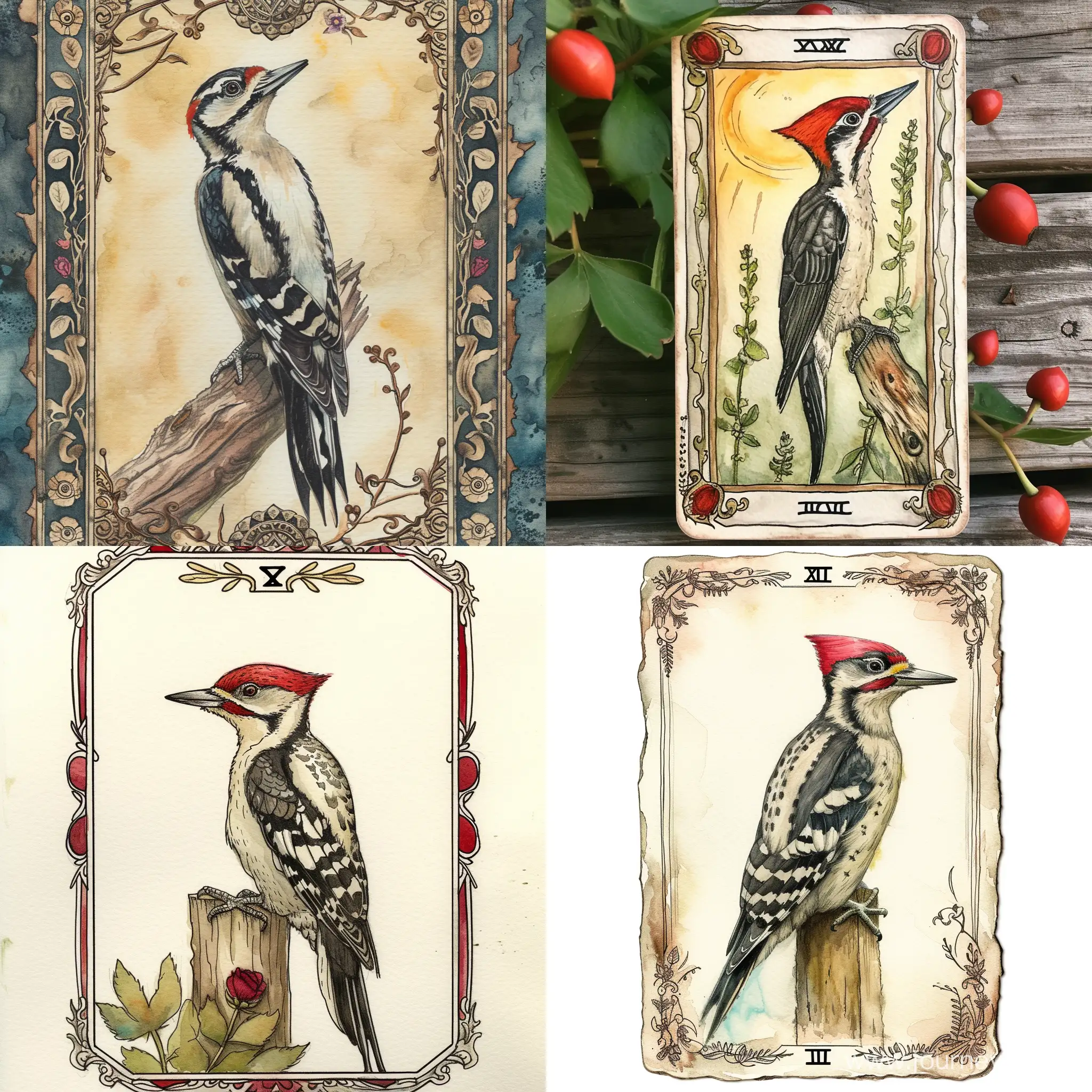 whimsical woodpecker, watercolor tarot card, cottagecore, detailed border, watercolor sketch, simple