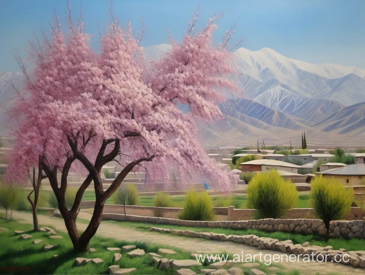 spring, Uzbek village, flowering tree, small stone, distant mountain, oil painting, photorealism