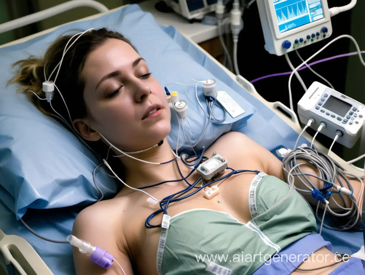 young white woman lying down in the hospital ICU. She is connected to a 12-lead EKG, with numerous heart monitor electrodes attached to her chest with wires. Many tubes and wires connect to her body. She is using a breast milk pump. Electrodes are connected to her head. Electrodes are connected to her breasts. She has a breathing tube in her mouth connected to a ventilator. She is topless