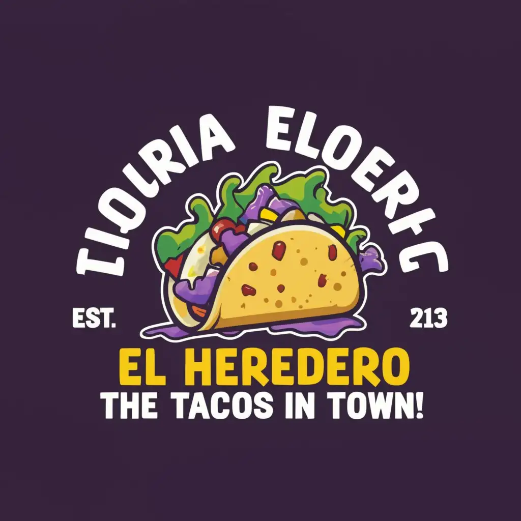 a logo design,with the text "TAQUERIA 
EL HEREDERO
THE BEST TACOS IN TOWN!
", main symbol:taco, color purple, green, yellow,complex,clear background