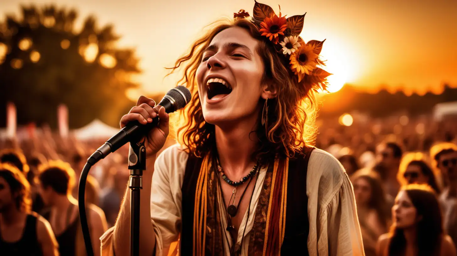 /imagine prompt: An enthusiastic folk-rock vocalist, similar to Judah, singing with a microphone at sunset, the festival stage alight with golden hues, and the audience captivated by the performance. Created Using: Sunset backlighting, close-up of expressive singing, bohemian style attire, soft focus on distant fans, warm color palette, intimate stage vibe, detailed texture of musical instruments --ar 3:4 --v 6.0
