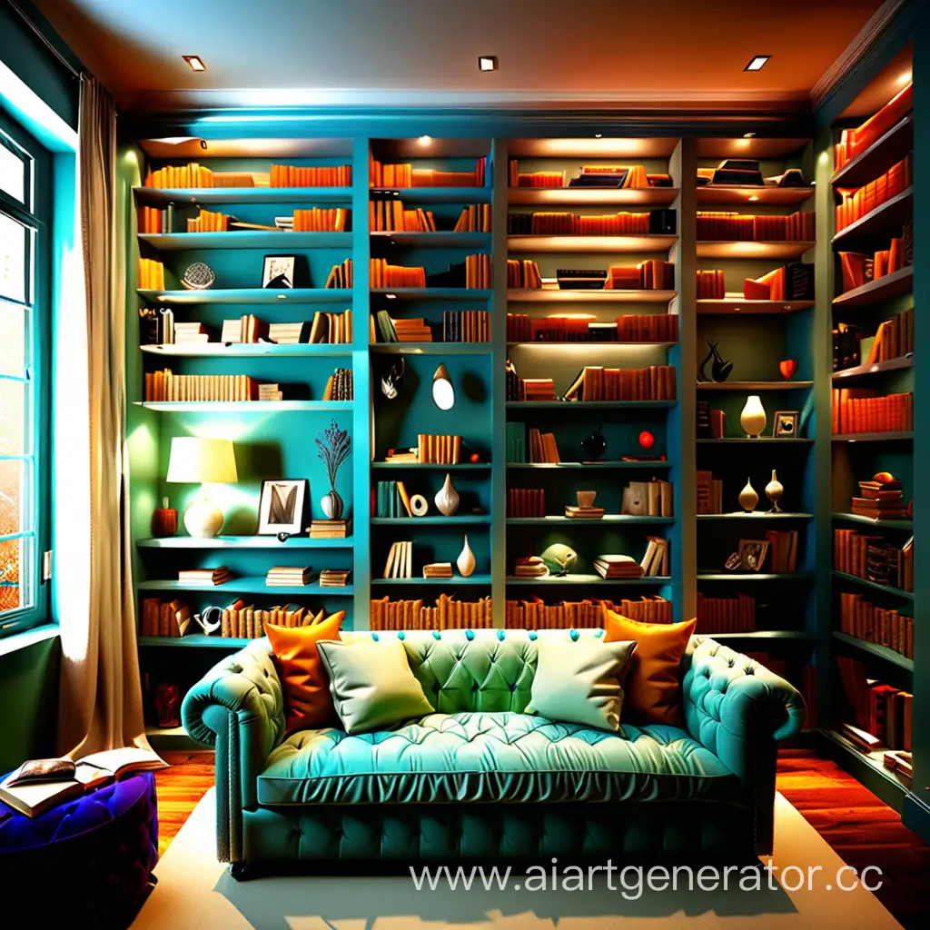 بهترین رنگ اتاق برای مطالعه و خواب و آرامش با نورپردازی عالی و یک کتابخانه بسیار زیبا پر از کتاب و یک مبل تک نفره بسیار زیبا
