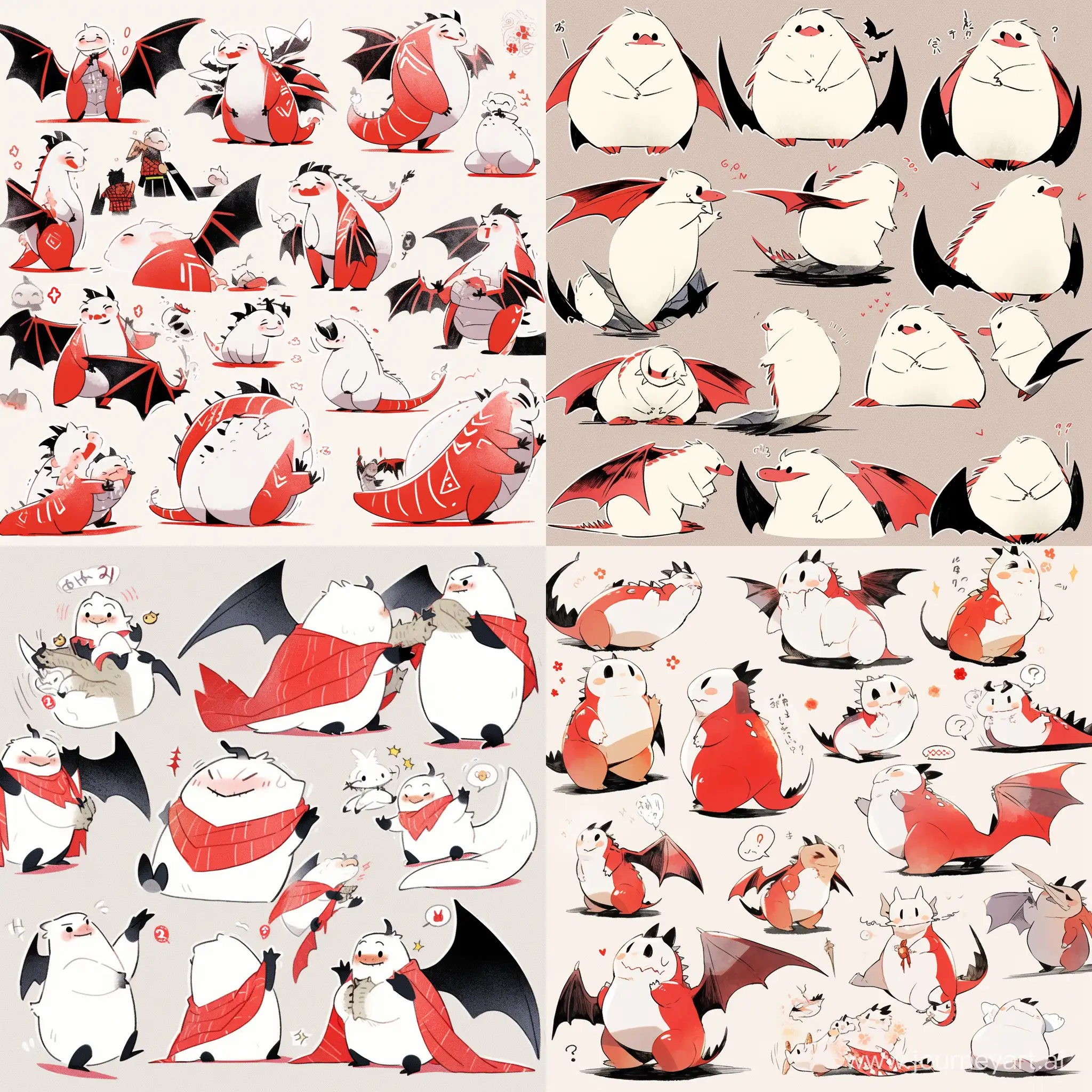 Fat and cute, Red and white  Dragon, emoji,anthropomorphic style, Disney style, black strokes, different emotions,multiple poss and expressions,8k --niji 5 --style cute