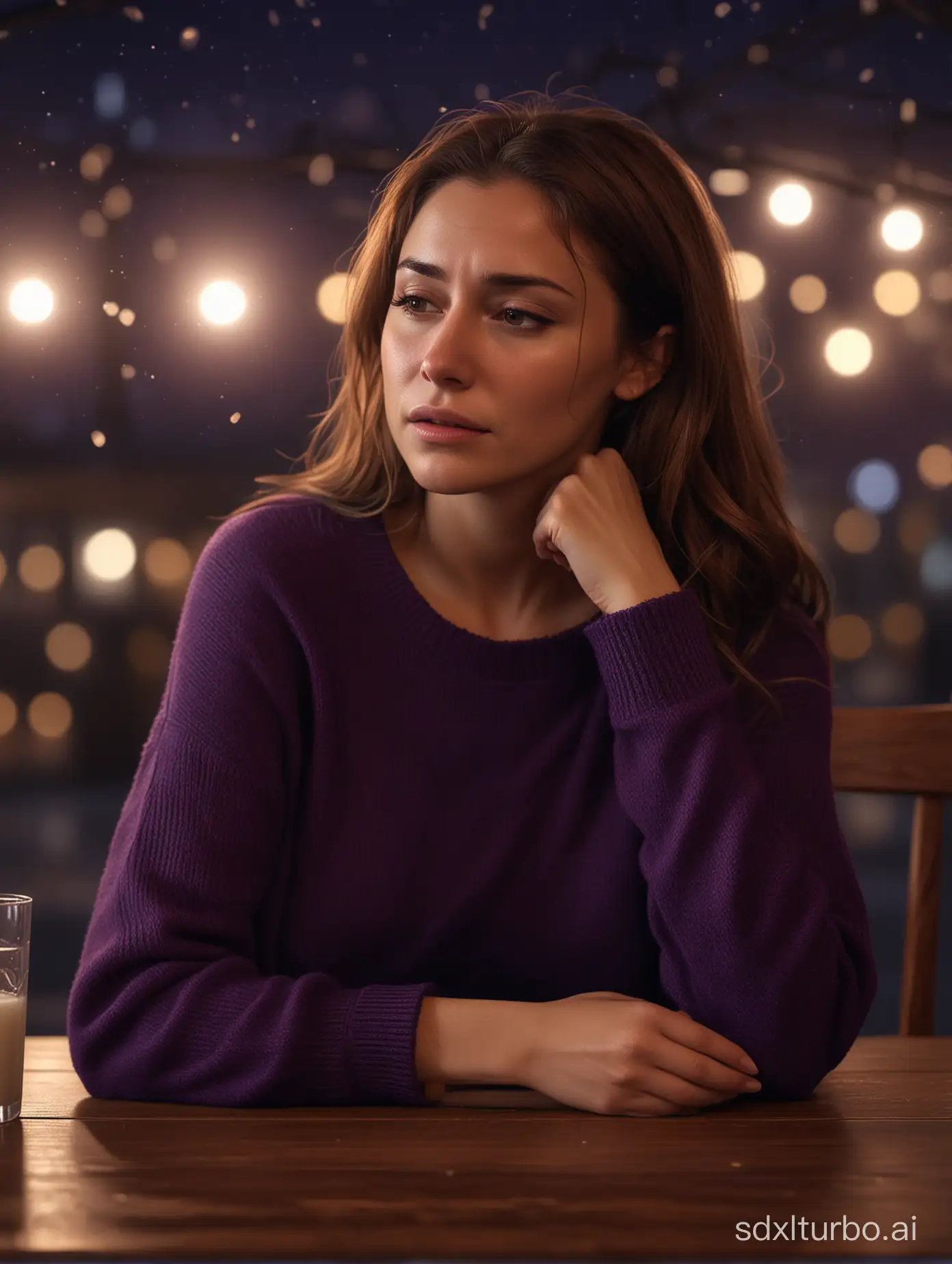 medium brown haired woman, slim body, small breast, wearing dark purple sweater, sitting by the table, crying, at night, dim, realistic, bokeh, looking sideway