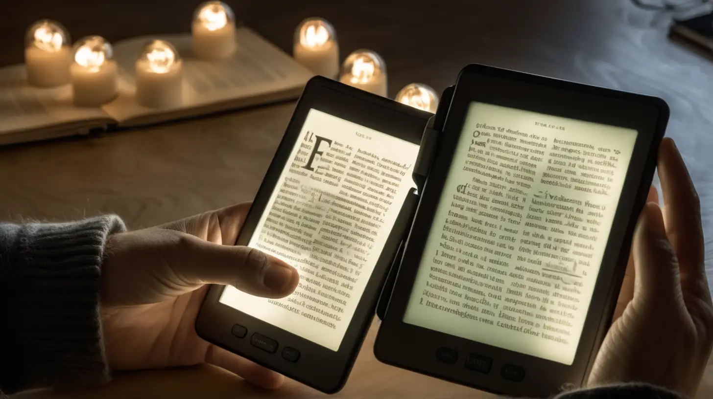 The hands of a reader holding an e-reader device with an illuminated screen, creating a modern reading scene.