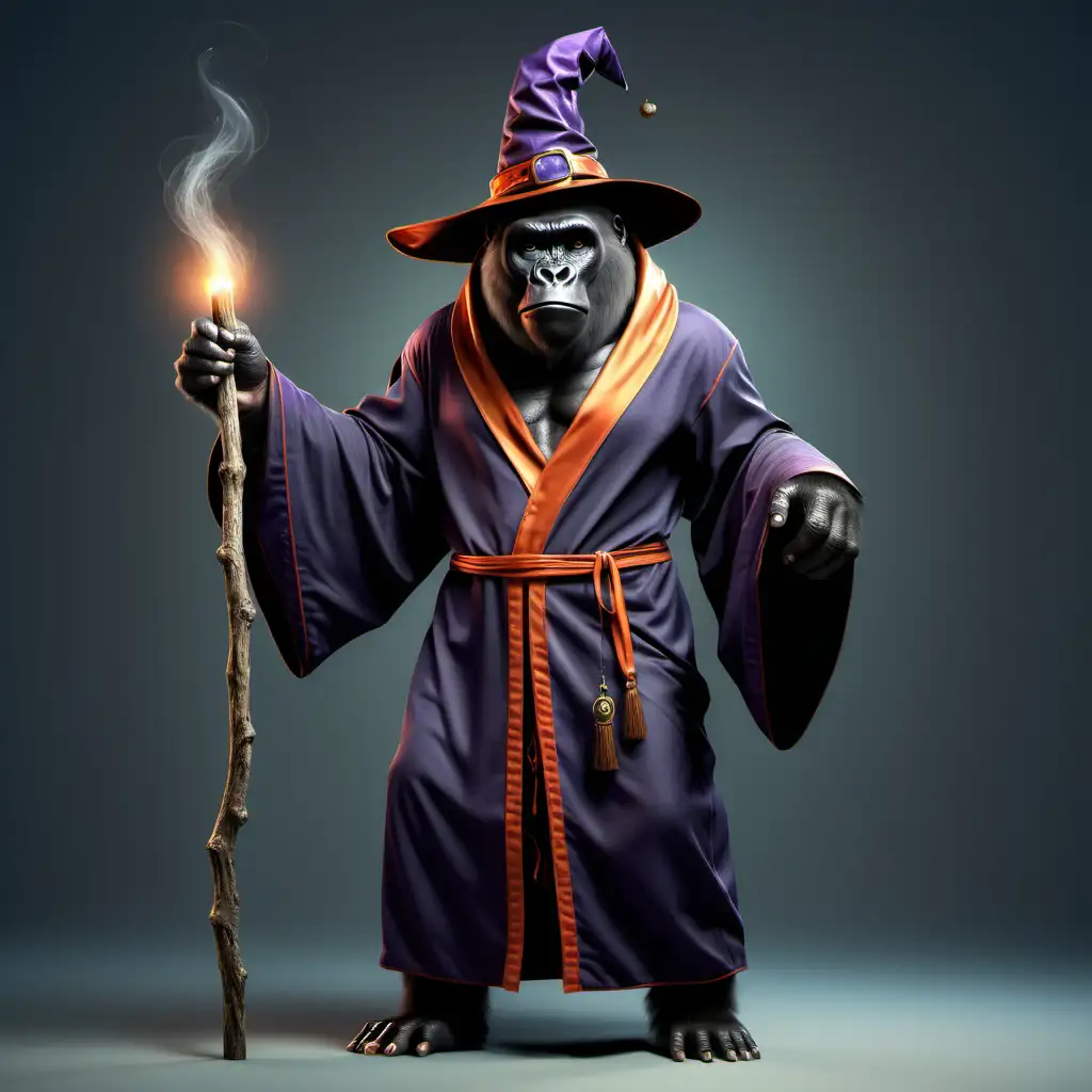 реалистичная умная горила-маг в робе в ведьминском-колпаке в полный рост