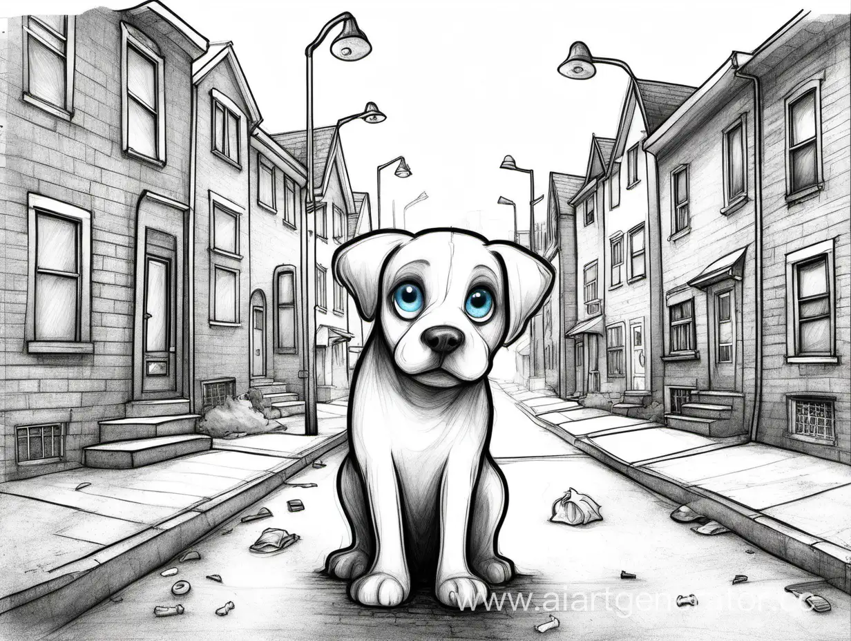 Нарисуй город, дома, посреди улицы собака с большими голубыми глазами и с мусорным мешком