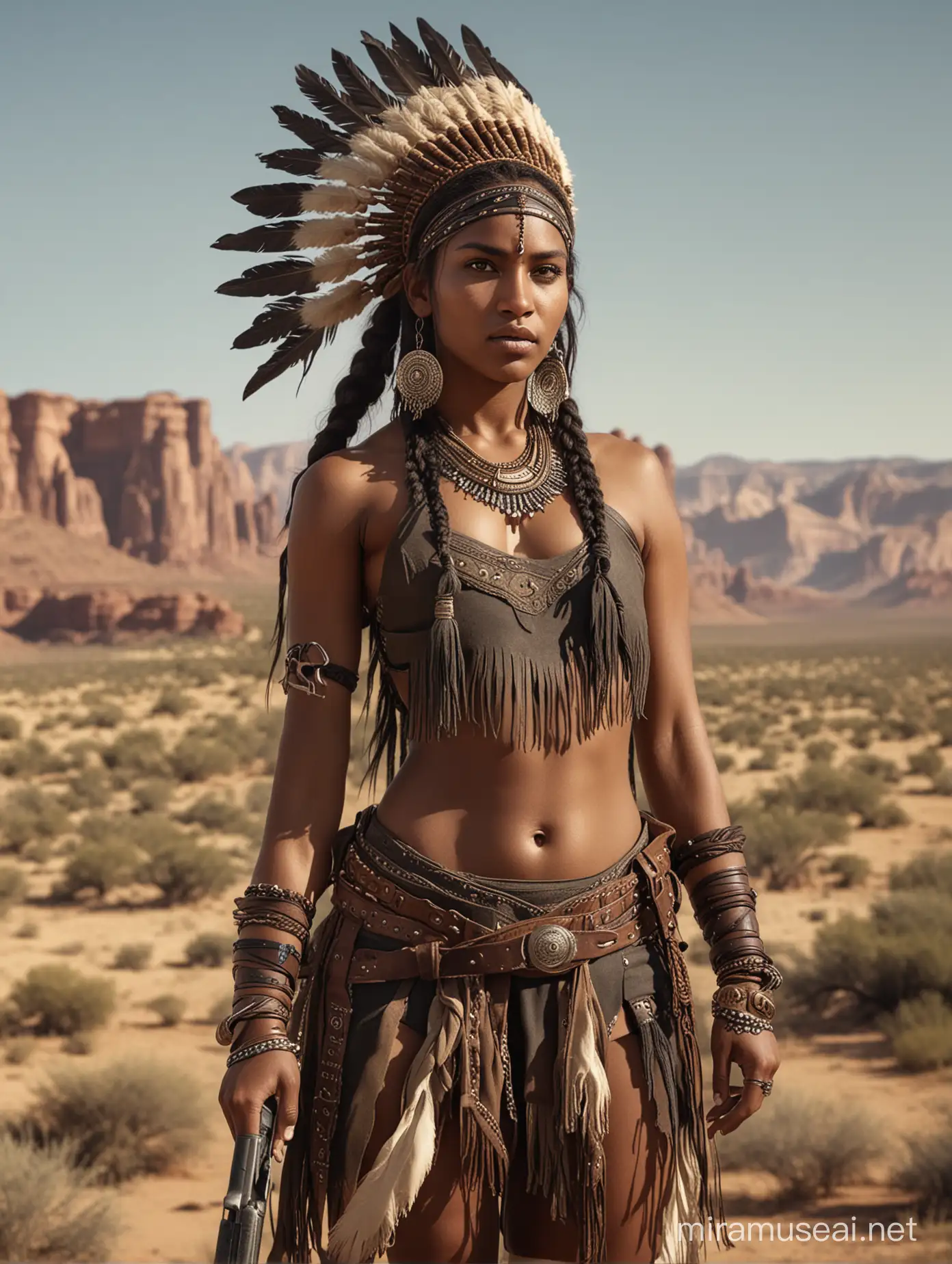 A very beautiful black indian woman very darkskin warrior 1800s, in a indian art style, a full body portrait, with detailed face features, wearing a leather belt with a gun, and a apache headdress on her head,braids, set against a wild west background with warm tones, and highly detailed. Cinematic shot, candid celebrity shots, uhd image, body extensions, natural beauty --ar 69:128 --s 750 --v 5. 2