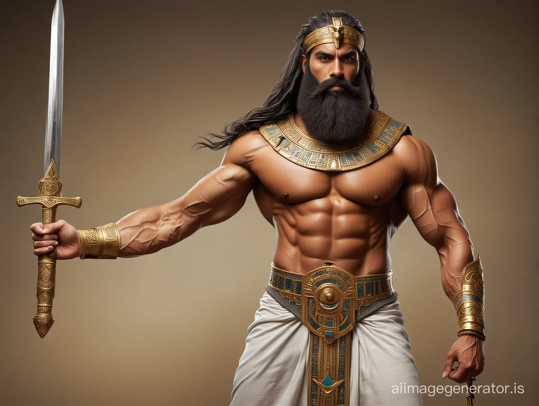 Ancient Egyptian human prince who is a bodybuilder with huge beard and a sword