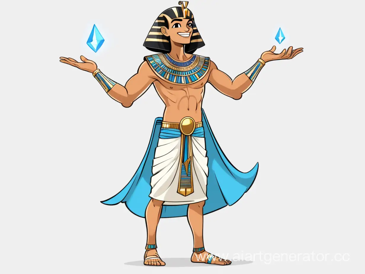 Персонаж парень задорное настроение в одежде египтянина с магией в руках без фона