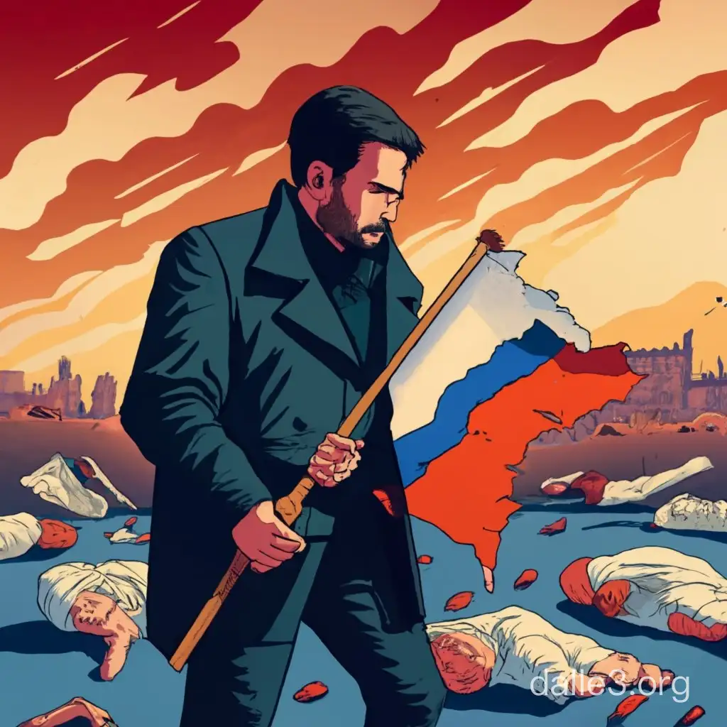 Resilient Patriot Amidst Devastation Man Holding Torn Russian Flag in ...