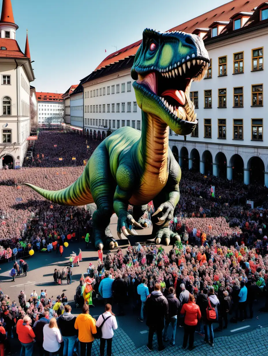 carneval in munich with a lots of people and a gigantic dinosaur statue