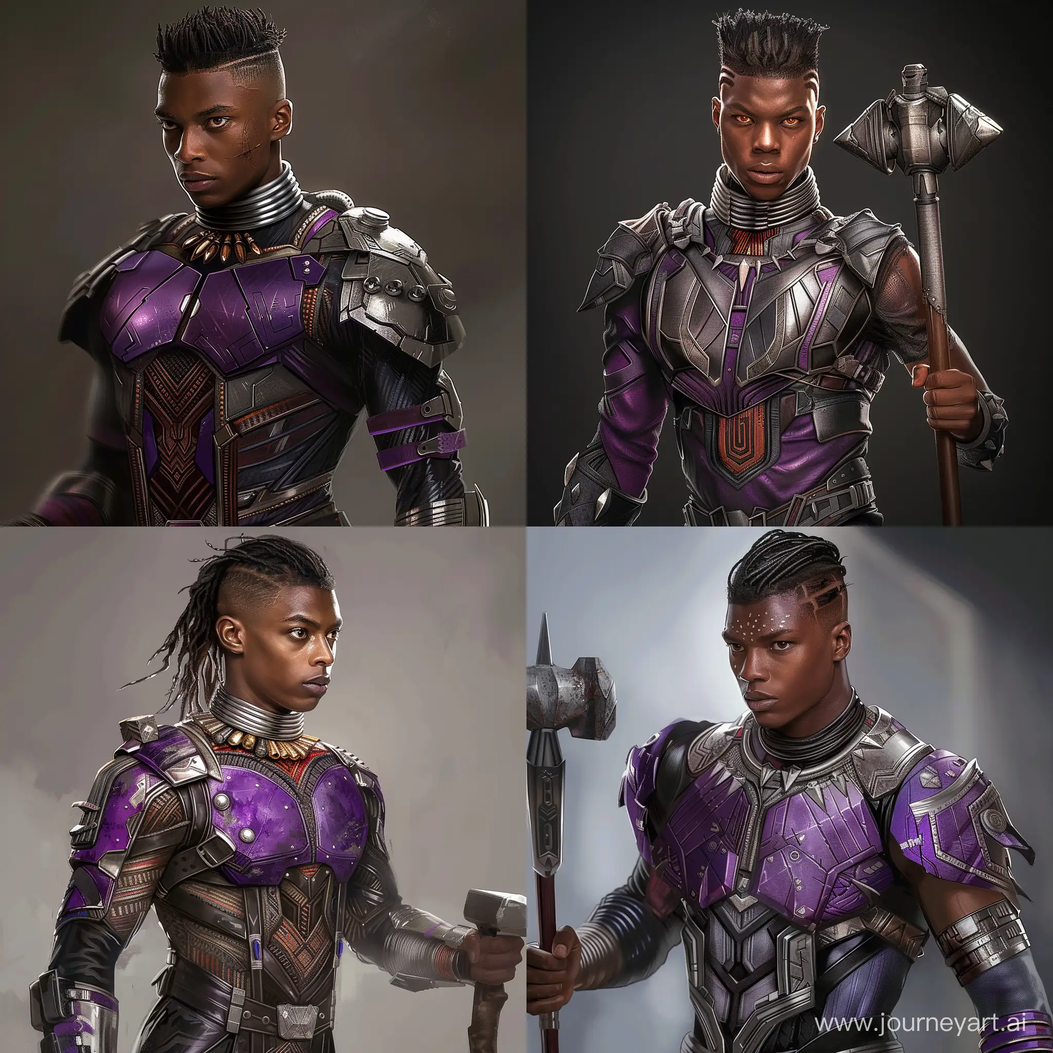 A realistic depiction of a young man with  brown skin, black mohawk style hair shaved on the sides, and amber color eyes. He wears Wakandan style armor that is purple and silver.He carries a war hammer. full body. ultra realistic. fighting pose.