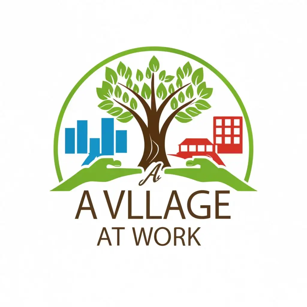 logo, tree, hands, city, environment, agriculture, with the text "A Village at Work", typography